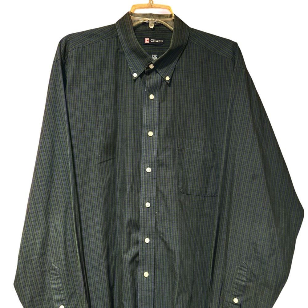 Chaps Shirt Wrinkle Free Plaid Button Down Men’s XL 17-17.5 Green Blue